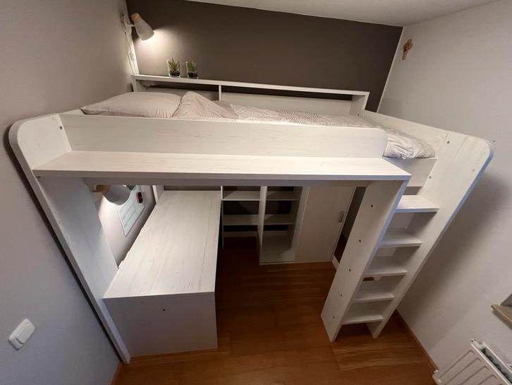 Hoogslaper Harmony/Higher met kast en bureau, whitewash., Huis en Inrichting, Slaapkamer | Stapelbedden en Hoogslapers, Zo goed als nieuw
