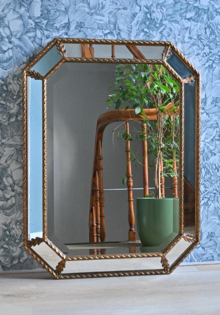 Goudkleurige achthoekige glas facet geslepen spiegel, Huis en Inrichting, Woonaccessoires | Spiegels, Zo goed als nieuw, Ophalen