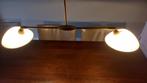 Brons messing hanglamp halogeen met 2 witgeel glazen kapjes, Ophalen of Verzenden, Zo goed als nieuw, Glas, 75 cm of meer