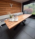 Houten tuintafel met zwart metalen kruisframe, Ophalen, Zo goed als nieuw, Rechthoekig, Hout