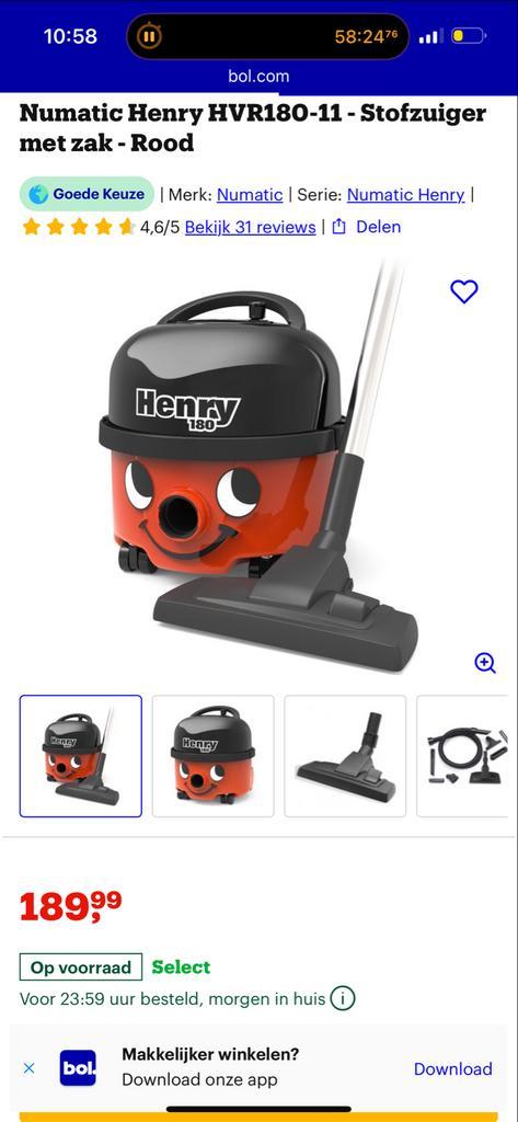 Numatic Henry HVR180-11 Stofzuiger - Rood, Witgoed en Apparatuur, Stofzuigers, Nieuw, Stofzuiger, Stofzak, Ophalen of Verzenden