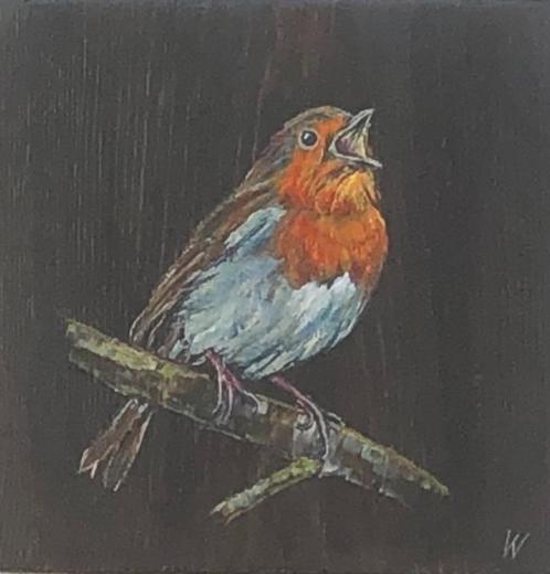 Schilderij roodborstje op gebruikt hout, Antiek en Kunst, Kunst | Schilderijen | Modern, Verzenden