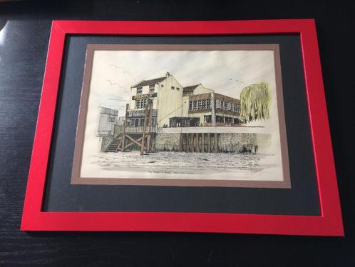 Vintage water-colouring on black-line print | Guy Magnus, Huis en Inrichting, Woonaccessoires | Schilderijen, Tekeningen en Foto's