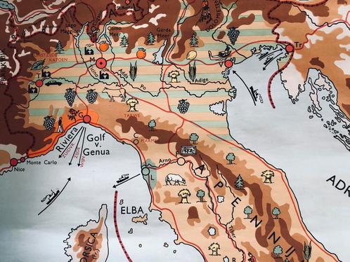 Landkaart Italie- jaren 50- uitgeverij Bakker en Rusch, Antiek en Kunst, Curiosa en Brocante, Ophalen of Verzenden