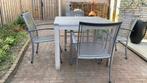 Teak houten tafel met 4 ijzeren stoelen, Tuin en Terras, Tuinsets en Loungesets, Ophalen, 4 zitplaatsen, Gebruikt, Teakhout