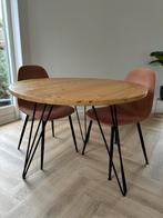 Industriele ronde eettafel van eiken met stalen poten, Huis en Inrichting, Tafels | Eettafels, Gebruikt, 50 tot 100 cm, Industrieel