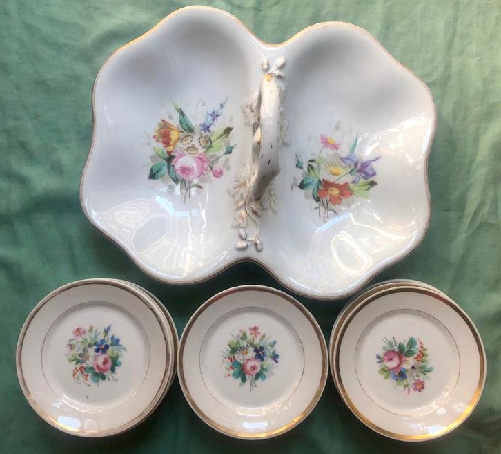 Hand beschilderde soezenschaal met 14 schotels - Biedermeier, Antiek en Kunst, Antiek | Porselein, Ophalen of Verzenden