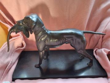 Bronzen Hond met Vogel art deco Jugendstil antiek ca 1920 beschikbaar voor biedingen