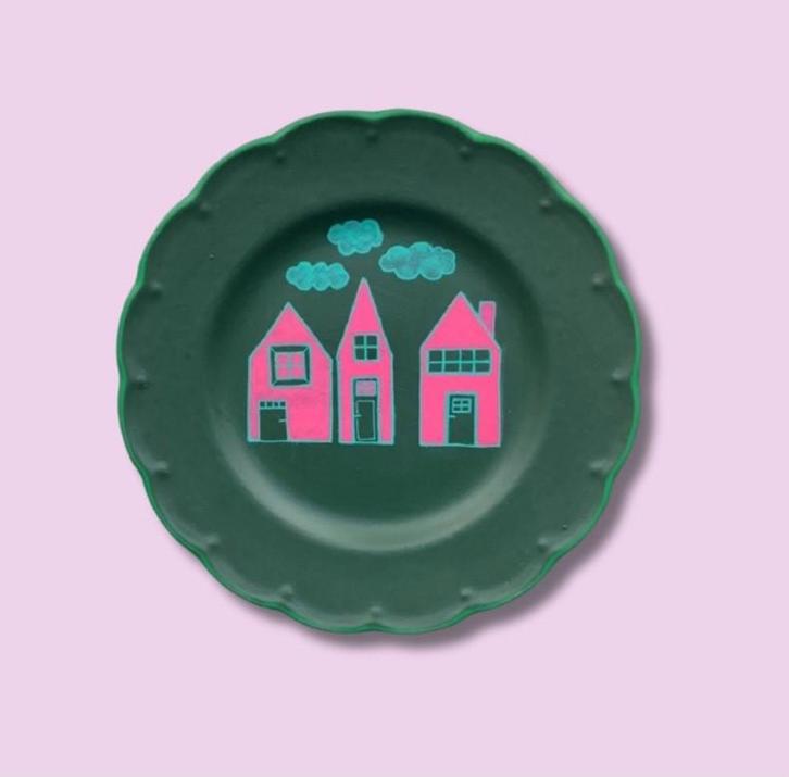 Handbeschilderd Bordje met Huisjes - Unieke Decoratie, Huis en Inrichting, Woonaccessoires | Wanddecoraties, Ophalen of Verzenden