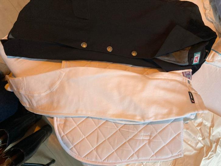 Wedstrijdjas (36), rijbroek (S) en wit dekje, Dieren en Toebehoren, Paardrijkleding, Gebruikt, Dressuur, Ophalen of Verzenden