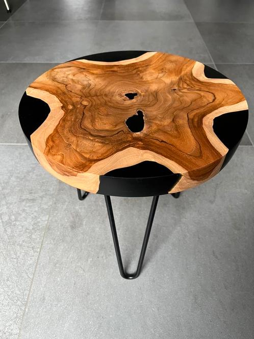 Unieke handgemaakte bijzettafels - Teak & epoxy - made in NL, Huis en Inrichting, Tafels | Bijzettafels, Nieuw, Rond, Minder dan 45 cm