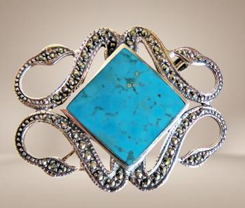 Prachtige 925 zilveren turquoise MARKASIET slang broche!