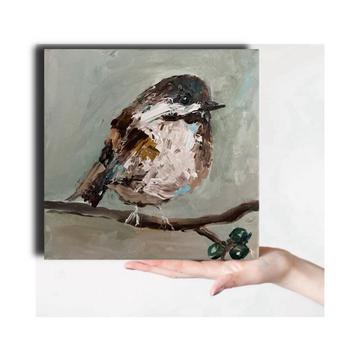 Vogeltje kijken op tak ~ besjes ~ kleintje kunst ~ atelier beschikbaar voor biedingen