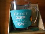 Theeglas “bedankt voor alles” op een blauw vilten rand, Ophalen, Glas of Glazen, Nieuw, Glas