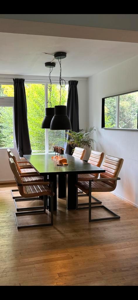 Eetkamerstoelen cognac leer industrieel – set van 6, Huis en Inrichting, Stoelen, Gebruikt, Vijf, Zes of meer stoelen, Metaal