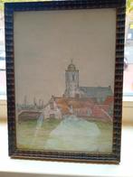 Tekening Katwijk met kerk in lijst, Antiek en Kunst, Ophalen