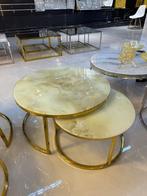 Marmerlook Glazen Ronde Salontafel- Set van 2-Goud -Ø80/Ø60, Minder dan 50 cm, 50 tot 75 cm, Rond, Nieuw