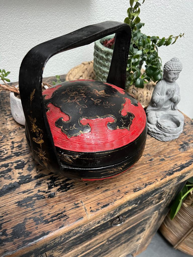 Chinese mand vintage chinees riet handbeschilderd, Huis en Inrichting, Woonaccessoires | Schalen en Manden, Verburgt Vintage, Gebruikt
