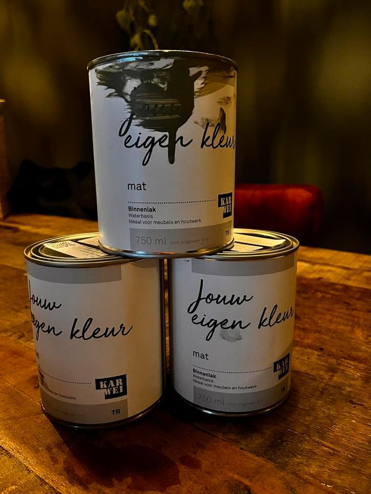 Karwei matte binnenlak: kleur Reptiel (olijfgroen), Doe-het-zelf en Verbouw, Verf, Beits en Lak, Zo goed als nieuw, Verf, Minder dan 5 liter