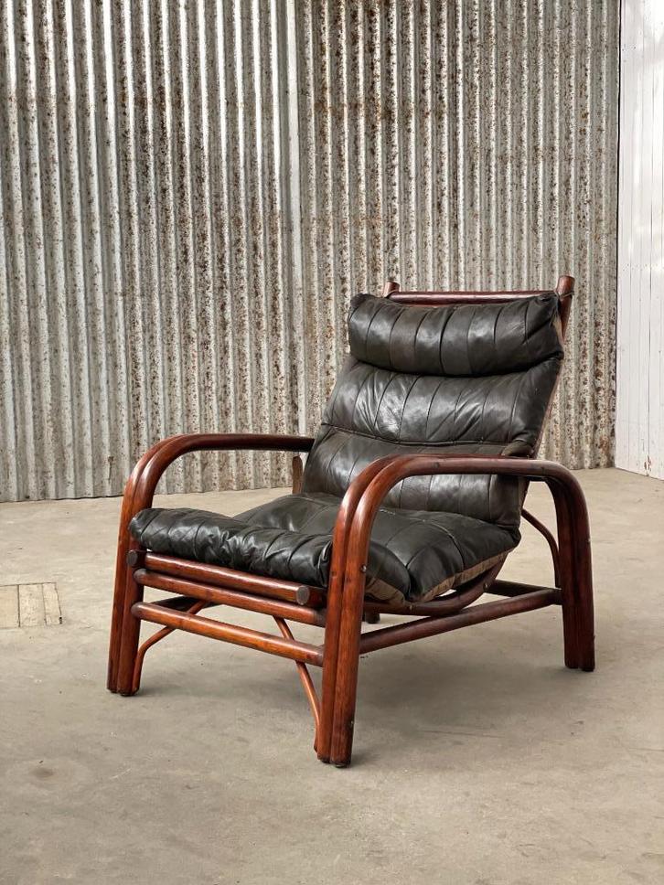 Rotan patchwork leer fauteuil 1960 Duitsland, Huis en Inrichting, Fauteuils, Gebruikt, Leer, 50 tot 75 cm, 75 tot 100 cm, Ophalen