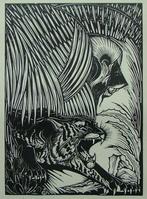 ART DECO Jan Schonk (1889 - 1976) Houtsnede 'Leeuw en Tijger, Antiek en Kunst, Kunst | Etsen en Gravures, Verzenden