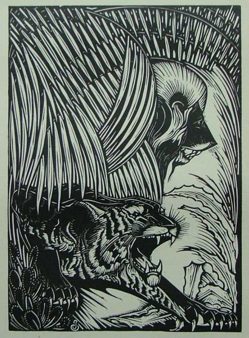 ART DECO Jan Schonk (1889 - 1976) Houtsnede 'Leeuw en Tijger, Antiek en Kunst, Kunst | Etsen en Gravures, Verzenden