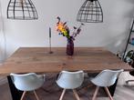 Eiken houten eettafel met stalen poten en bijbehorend bankje, Ophalen, 200 cm of meer, 50 tot 100 cm, Zo goed als nieuw