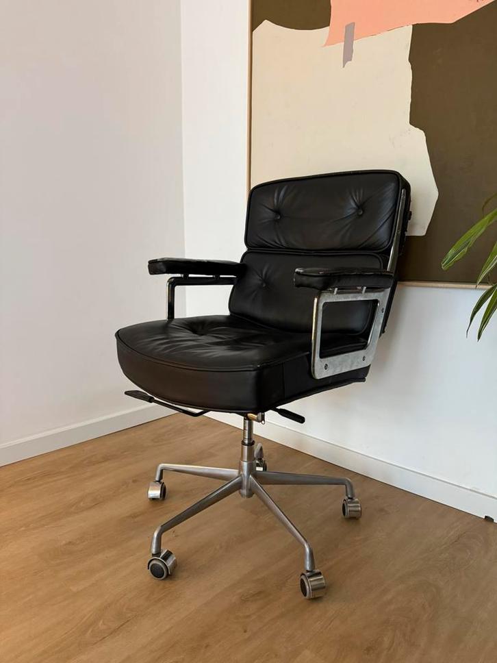 Retro Leren Bureau Stoel, Huis en Inrichting, Bureaustoelen, Zo goed als nieuw, Zwart, Ophalen