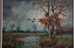 Olieverfschilderij landschap met opvliegende eenden jachttaf, Antiek en Kunst, Ophalen of Verzenden