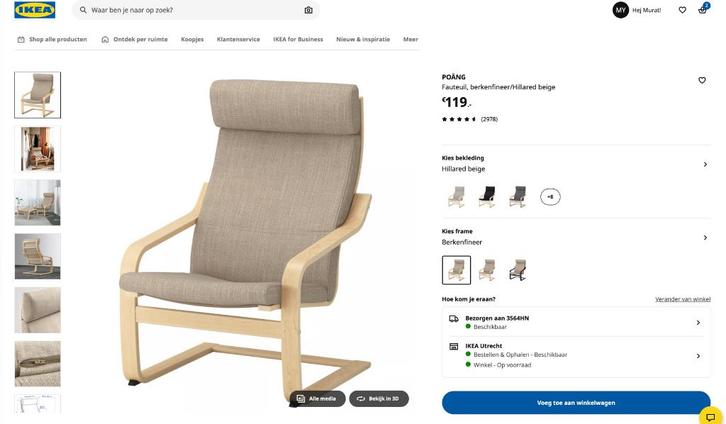 POANG Fauteuil, berkenfineer/Hillared beige Stoel IKEA, Huis en Inrichting, Fauteuils, Zo goed als nieuw, Hout, Stof, 50 tot 75 cm
