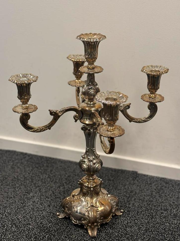 Zilveren Vijfarmige Kandelaar Hazorfim, 925, Antiek en Kunst, Antiek | Kandelaars, Zilver, Ophalen of Verzenden