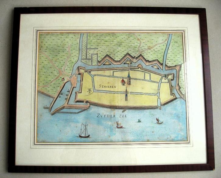 Antieke plattegrond van Stavoren, ingelijst 1880, Antiek en Kunst, Kunst | Etsen en Gravures, Ophalen of Verzenden