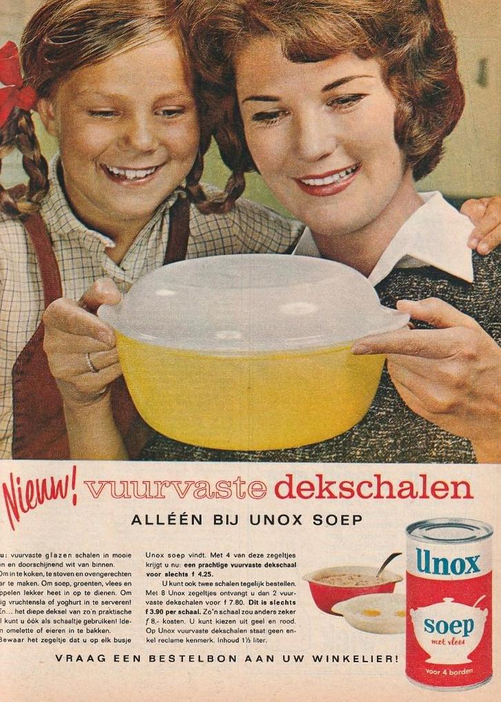 retro reclame 1962 Unox soep spaaractie schaal dekschaal, Verzamelen, Retro, Overige typen, Verzenden