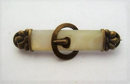 Aparte antieke broche parelmoer en messing met gespje (7827-, Sieraden, Tassen en Uiterlijk, Antieke sieraden, Broche, Overige materialen