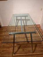 Glazen eettafel met metalen onderstel, Huis en Inrichting, Ophalen, Gebruikt, 50 tot 75 cm, 50 tot 100 cm