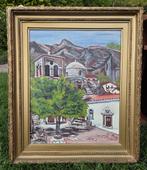 Olieverf schilderij op doek  bergachtig decor met klooster, Ophalen of Verzenden