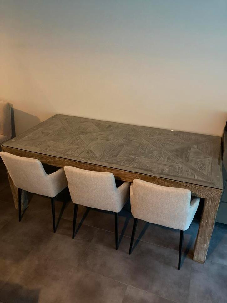 Rustiek houten eettafel, karaktervol, stevig met glasplaat, Huis en Inrichting, Tafels | Eettafels, Gebruikt, 50 tot 100 cm, 200 cm of meer