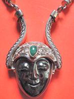 Prachtig Apart Lang Zilveren Collier met Gezicht van Hemat, Verzenden, Zilver, Ketting, Met edelsteen