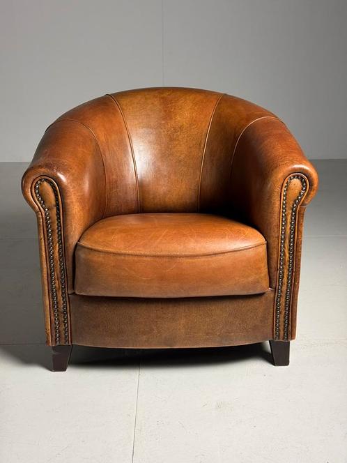 Schapenleren clubfauteuil Joris klassiek leder, Huis en Inrichting, Fauteuils, Gebruikt, 75 tot 100 cm, Ophalen