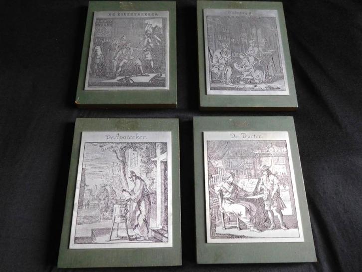 Etsplaat op houten paneel 4x De Kiezentrekker,De Docter,, Antiek en Kunst, Kunst | Etsen en Gravures, Ophalen of Verzenden