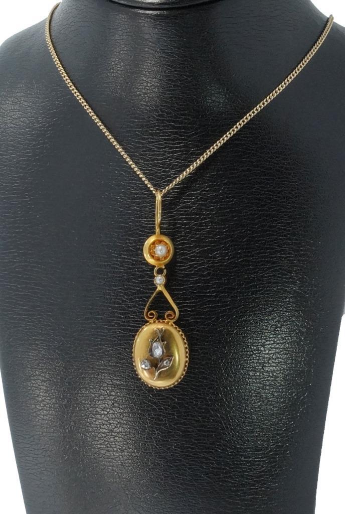 Roos diamanten bloem 14k gouden antieke ketting hanger parel, Sieraden, Tassen en Uiterlijk, Antieke sieraden, Hanger, Goud, Met edelsteen