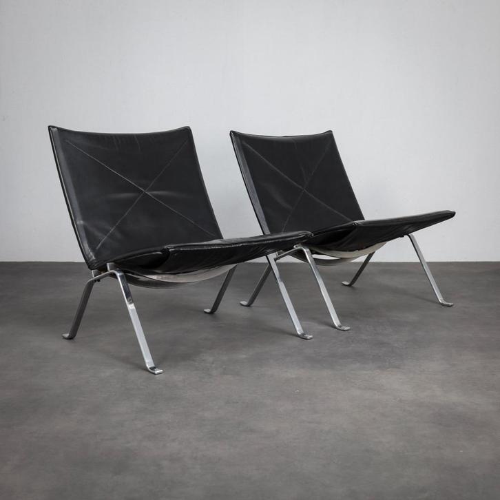 PK22  Fauteuils Poul Kjaerholm, EKC 1958 (1e Editie), Huis en Inrichting, Fauteuils, Gebruikt, Leer, 50 tot 75 cm, 75 tot 100 cm