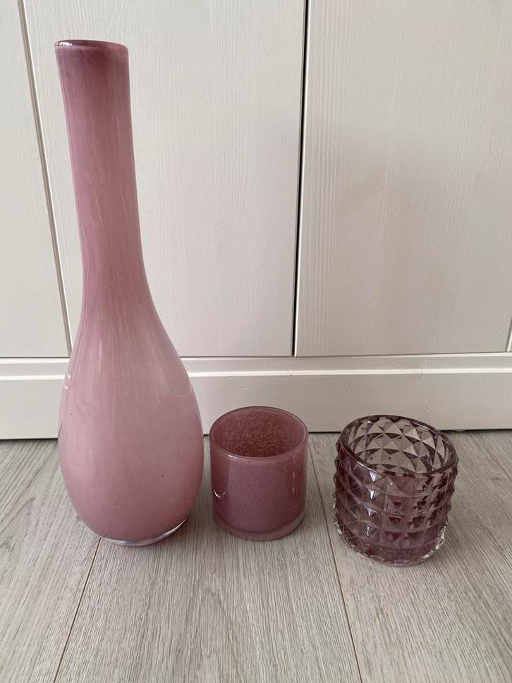 Paarse/Roze Vazen Set - 3 Stuks, Huis en Inrichting, Woonaccessoires | Vazen, Nieuw, Overige kleuren, Minder dan 50 cm, Glas, Ophalen of Verzenden