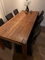 Teakhouten eettafel met 6 stoelen op wieltjes, Ophalen, Gebruikt, Bruin, Vijf, Zes of meer stoelen