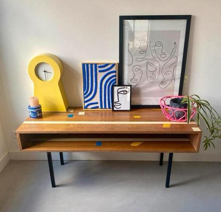 Salontafel gemaakt van vintage gymvloer, dressoir, kast, Huis en Inrichting, Tafels | Salontafels, 50 tot 75 cm, 100 tot 150 cm