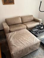Leren grijze bank stel met hocker., Huis en Inrichting, Banken | Sofa's en Chaises Longues, Ophalen, Gebruikt