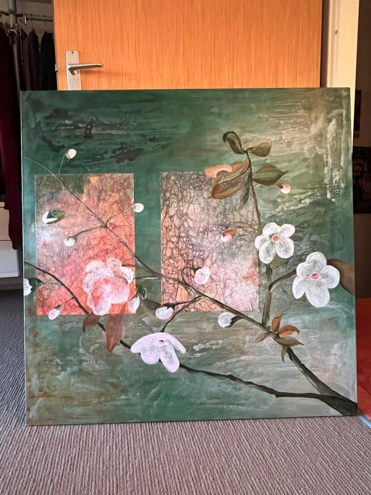 Japans bloesem schilderij 1meter breed/hoog, Antiek en Kunst, Kunst | Schilderijen | Klassiek, Ophalen of Verzenden