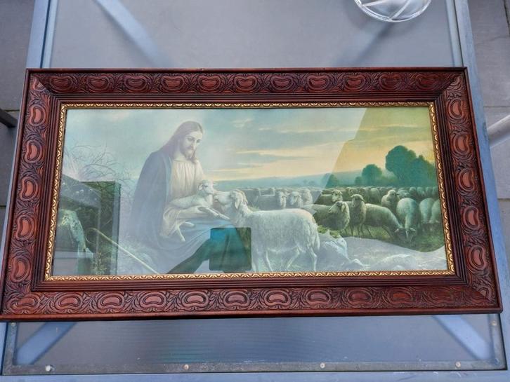Antieke religieuze prent in houten lijst., Antiek en Kunst, Antiek | Religie, Ophalen