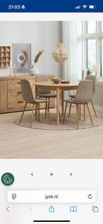 BISTRUP (Jysk) grijs/eiken eetkamerstoelen 4 stuks, Stof, Gebruikt, Scandinavisch, Ophalen of Verzenden