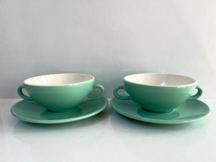 Vintage soepkop met onderschotel, mintgroen jaren ‘50/‘60, Antiek en Kunst, Curiosa en Brocante, Ophalen